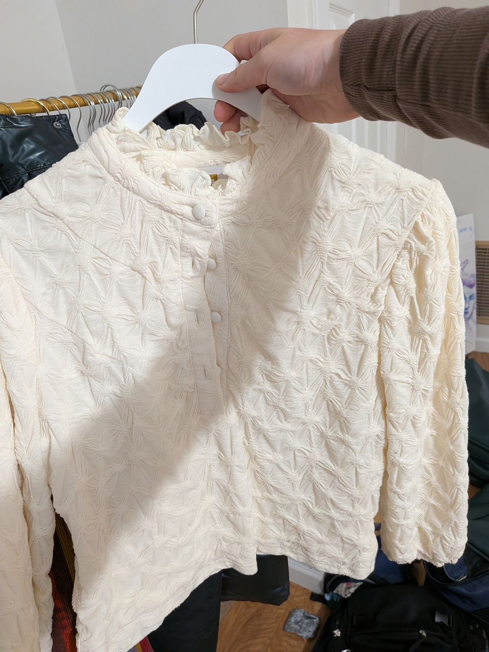 Textured Cream Ruffle Neck Button Front Top